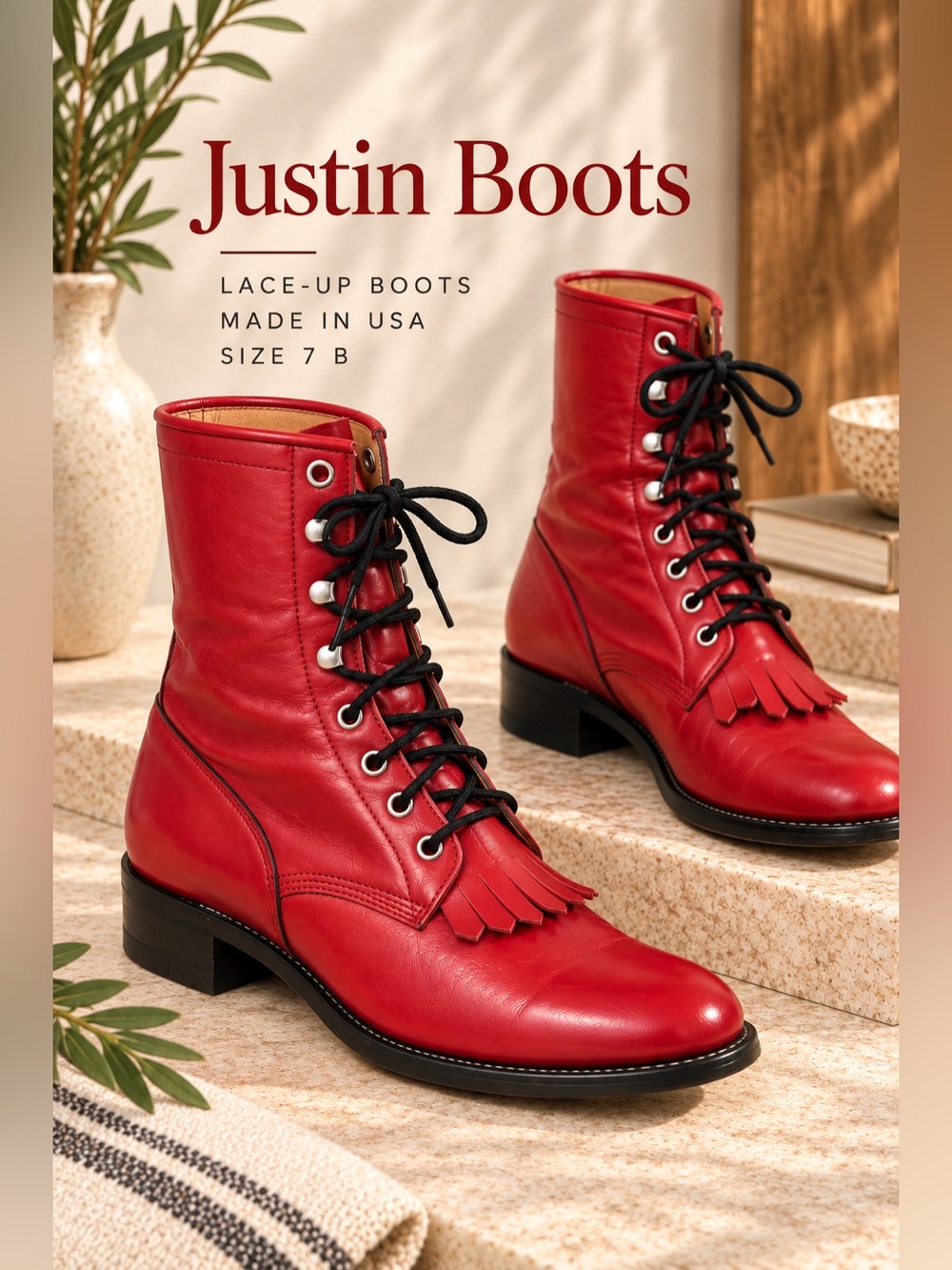 Justin Red Leather Kiltie Lace-Up Roper Boots Size 7 B Made in USA